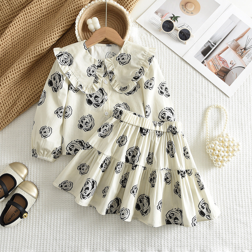 Cross-Border Hot-Selling Korean-Style Children's Clothing New Bow Print Long-Sleeve Doll Shirt Short Skirt Girls' 2026 Spring and Autumn Set