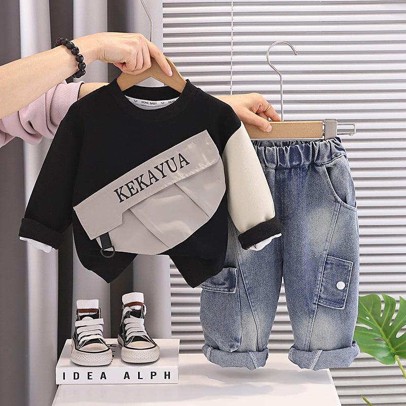 Boys' Spring and Autumn Children's Outfit 2026 New Stylish Baby Color-Block Pocket Long-Sleeve Sweatshirt Two-Piece Set Wholesale