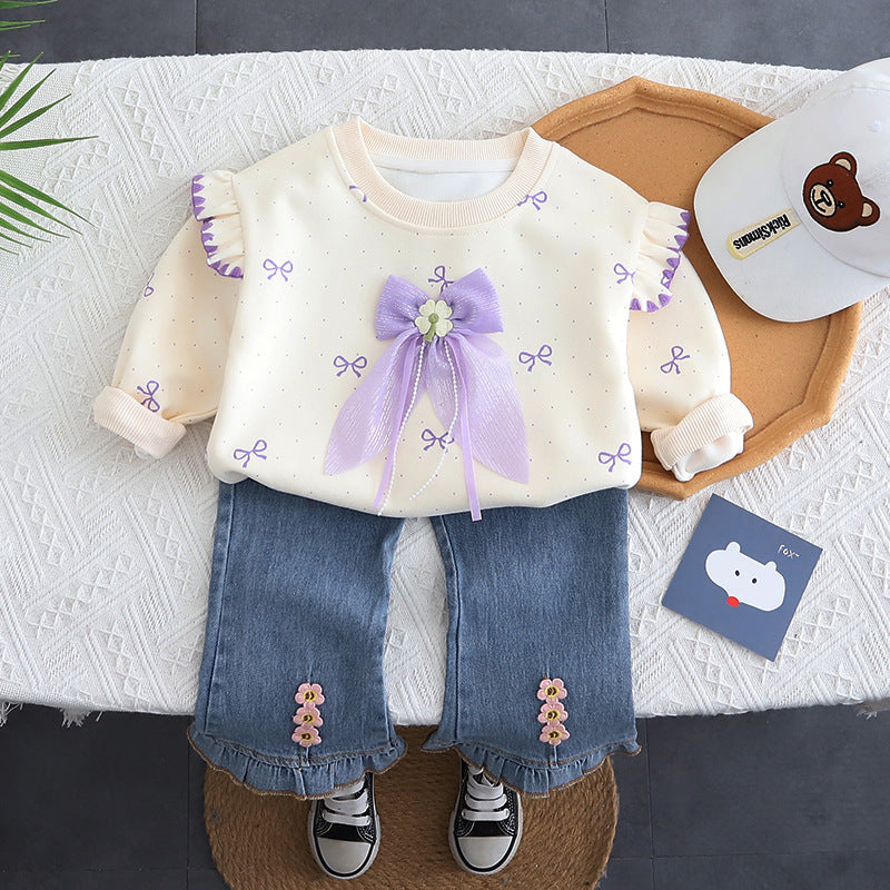 2025 Spring and Autumn Clothing Set Full Printed Bow Sweatshirt Baby Girl Jeans Long Sleeve Two-Piece Set Baby Girl