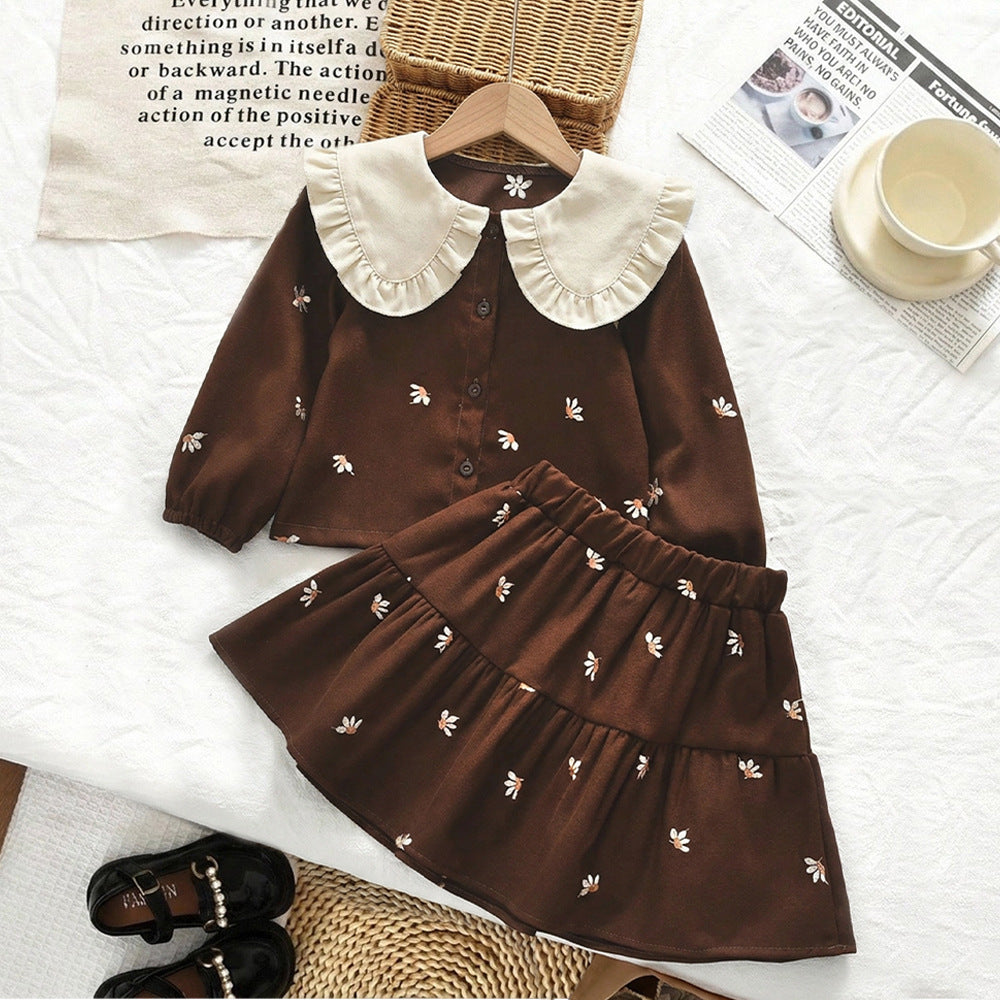 Spring New Cross-Border Style Girls' Korean-Style Children's Clothing Doll Collar Floral Embroidery Top and Short Skirt Two-Piece Casual Set