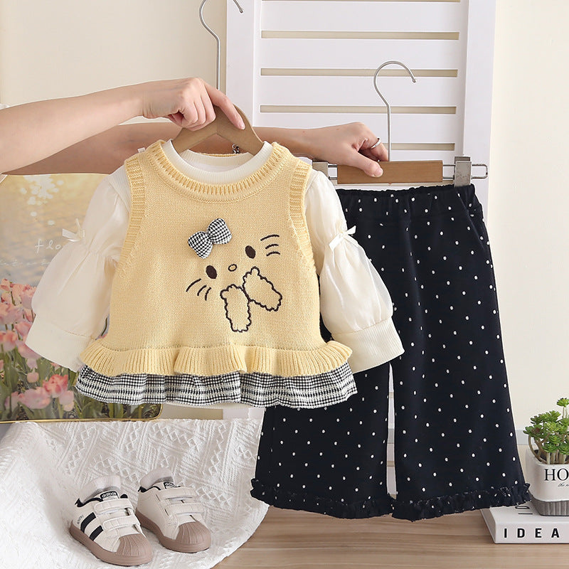 Girls' Autumn Outfit 2026 New Set: Stylish Casual Polka Dot Rabbit Sweater for Children, Spring and Autumn Three-Piece Set for Babies