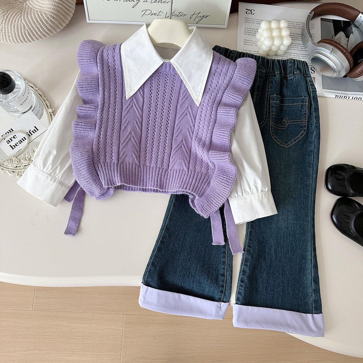 Girls' Autumn Suit 2026 Spring New Korean Style Knitted Vest Shirt Jeans Elegant Three-Piece Set