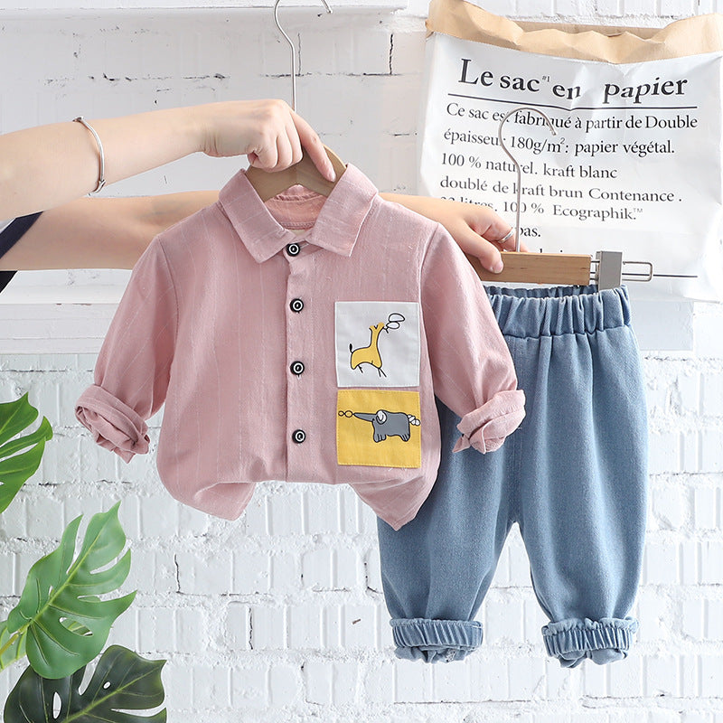 Children's Clothing 2022 Autumn New Elephant Shirt Two-piece Set Boys' Long-sleeved Casual Children's Suit Generating Hair