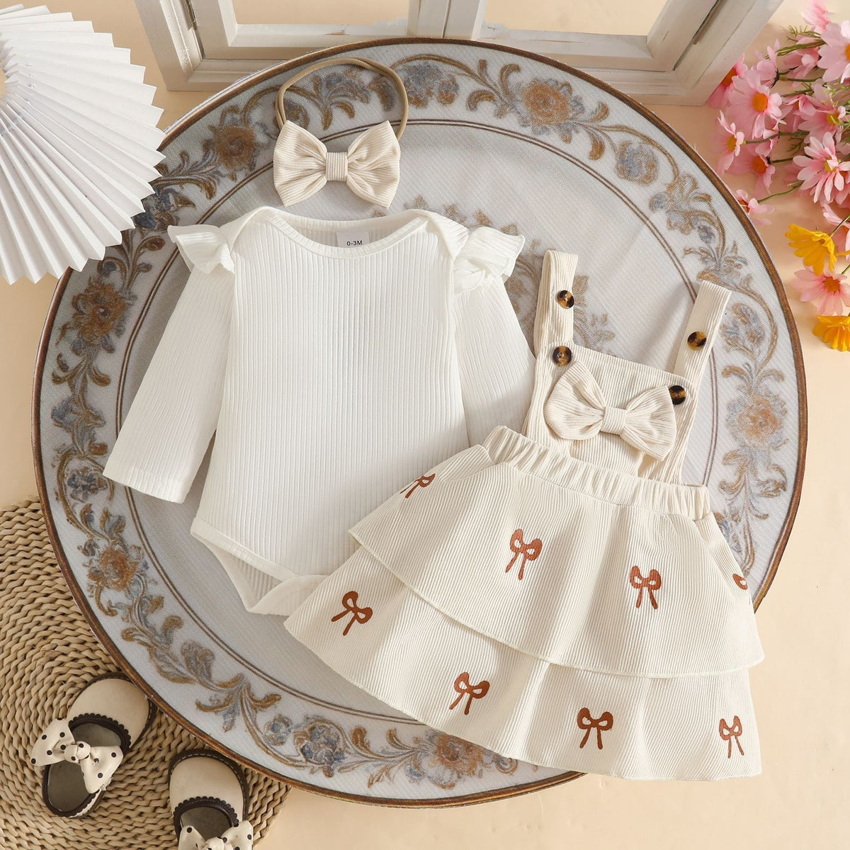 European and American Style 0-2 Years Old Baby Girl Autumn and Winter Ribbed Long-Sleeve Romper + Double-Layer Suspender Skirt + Bow Headband Set