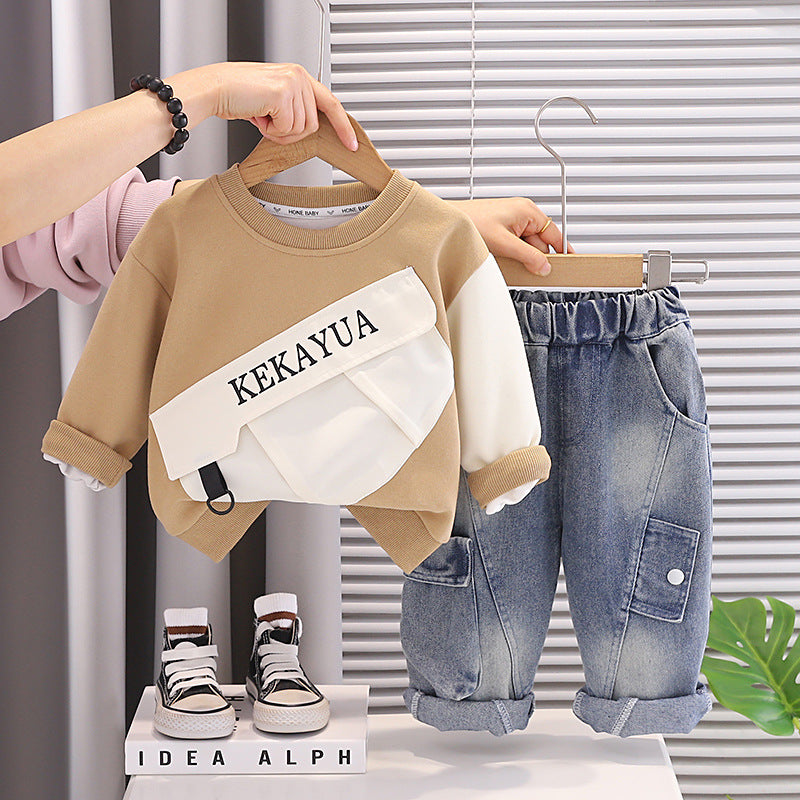 Boys' Spring and Autumn Children's Outfit 2026 New Stylish Baby Color-Block Pocket Long-Sleeve Sweatshirt Two-Piece Set Wholesale