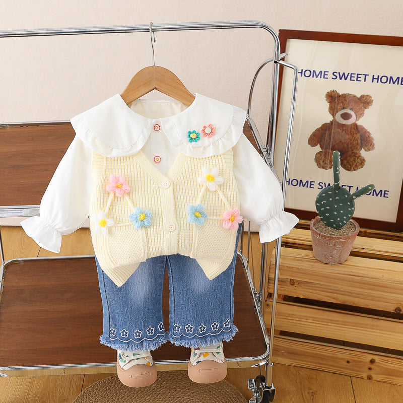 Spring 2025 New Girls' Sweater Vest Shirt Long Sleeve Three-Piece Set Female Baby Casual Denim Trousers suit