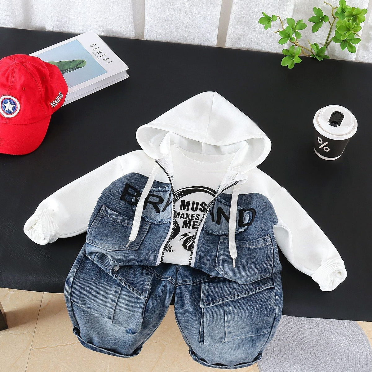 Boys' Autumn Outfit Set 2026 New Korean Style Children's Trendy Cool Patchwork Hooded Jacket with Jeans Three-Piece Set