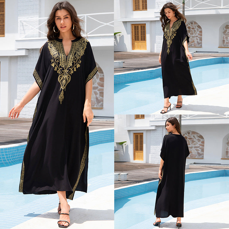 Rayon Embroidered Beach Sun Protection Clothing Dress Women