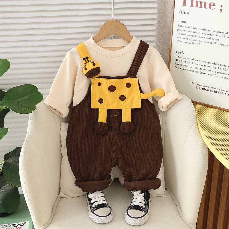 2025 New Boys Autum Suit Kidsren's Fashionable Boy 0-4 Years Old Baby Giraffe Suspender Two-Piece Set