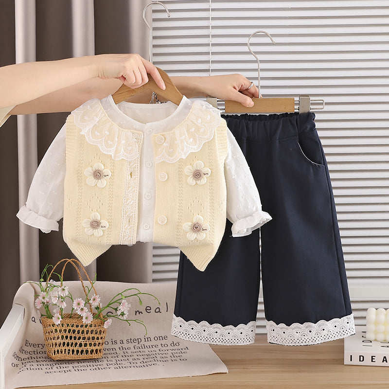 2026 New Girls' Spring and Autumn Outfit, Stylish Baby Fall Three-Piece Set with 3D Flower Sweater, Trendy Wholesale for Infants and Children
