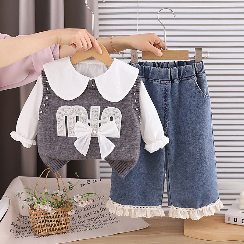Children's Spring and Autumn Clothing 2026 New Style Girls' Stylish Letter Bow Sweater Three-Piece Set Baby Korean Style Trendy Outfit