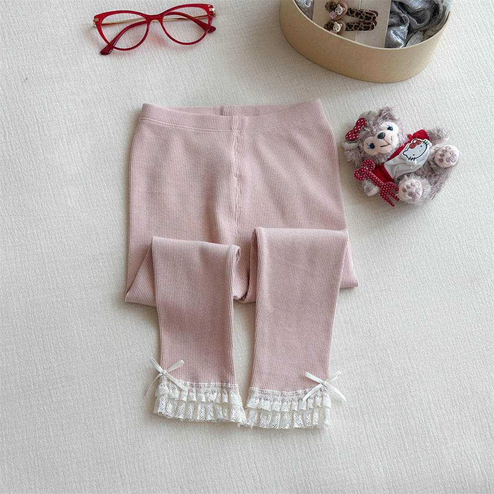 Sweet Xiaosi Girls' Leggings Autumn Lace Bow Children's Leggings Pure Cotton Baby Pants Stylish Outerwear