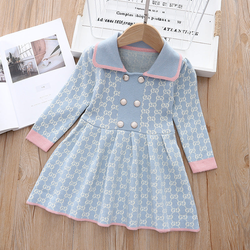 Girls' Knitted Elegant Long-Sleeved Princess Dress for Baby Girls Aged 1-6 Years Old, Fashionable g Letter Sweater for Autumn and Winter
