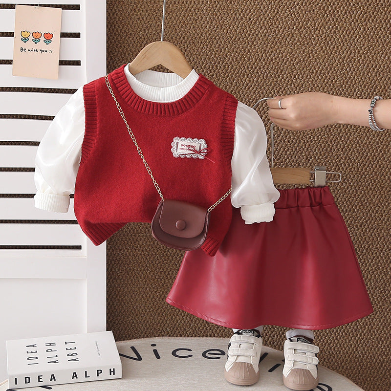 2026 New Girls' Autumn Outfit Set, Stylish Baby Girl Clothes, Spring and Autumn Sweater Vest Three-Piece Set, Trendy