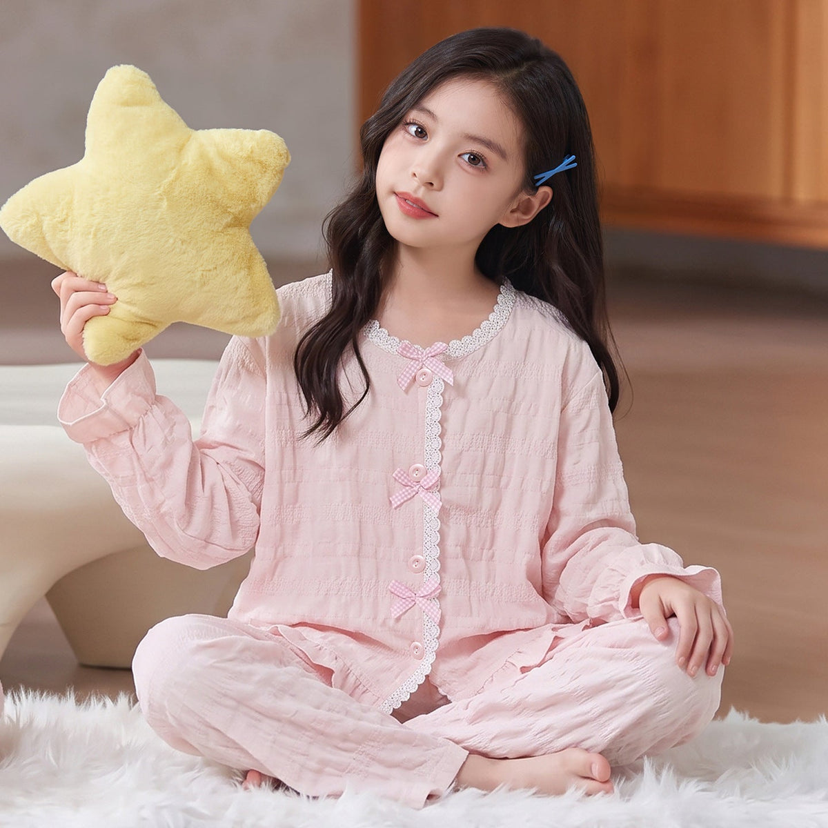 Kids Pajamas for Spring and Autumn Girls’ Cloud Cotton Long-Sleeve Thin Set, Big Kid 2026 New Trendy Homewear
