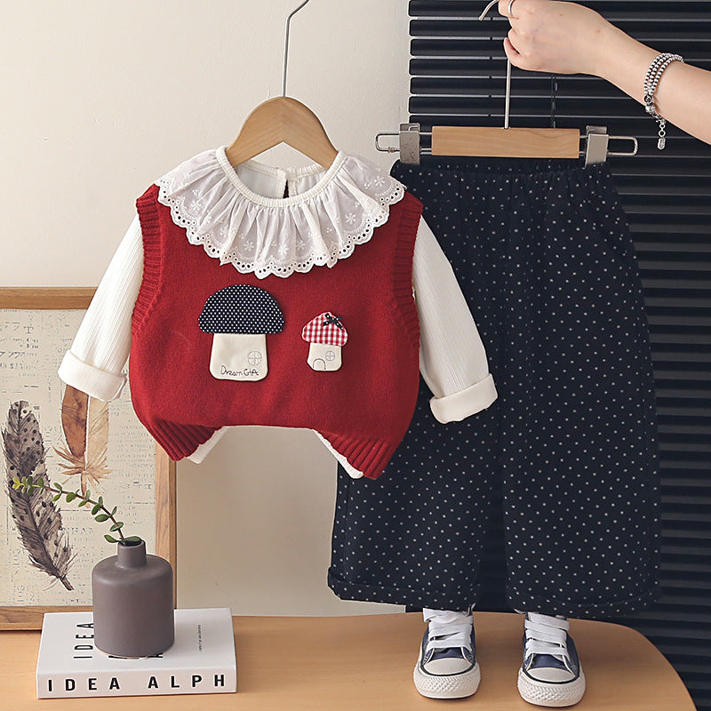 Girls' Korean-style autumn outfit set, baby 2026 new spring and autumn stylish mushroom sweater vest three-piece set wholesale