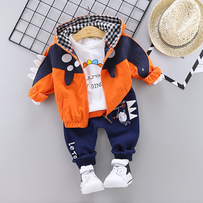 High quality Kids set baby boy dinosaur hooded jacket three -piece set