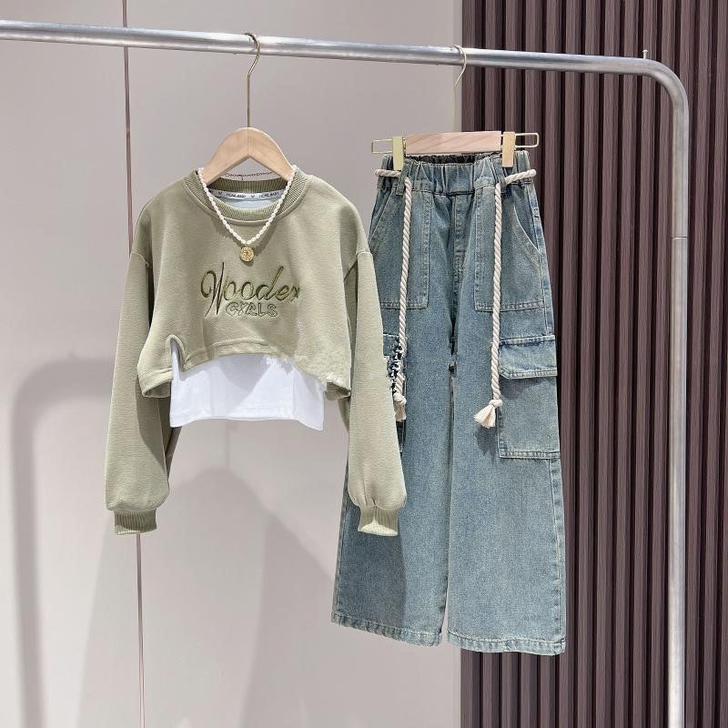 Girls autumn three-piece suit new Korean version girls fashionable vest sweatshirt workwear jeans net