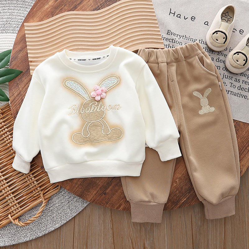 Free shipping Yikids girls' spring new baby girls' cartoon cute rabbit sweater long-sleeved trousers two-piece suit