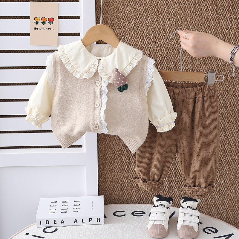 2025 Autumn New Foreign Trade Style Girls' Lace Sweater Long Sleeve Three-Piece Set Baby Girl Casual Long Pants Outfit Wholesale