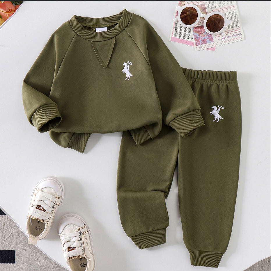 Amazon Cross-Border European and American Children's Clothing Set, Solid Color Knitted Ribbed Long-Sleeve Sweatshirt and Sweatpants Two-Piece Set for Young Children