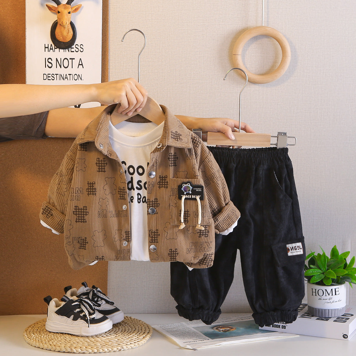 2026 Spring New Foreign Trade Style Boys' Corduroy Full Print Long Sleeve Three-Piece Set Baby Boy Casual Long Pants Outfit Trendy