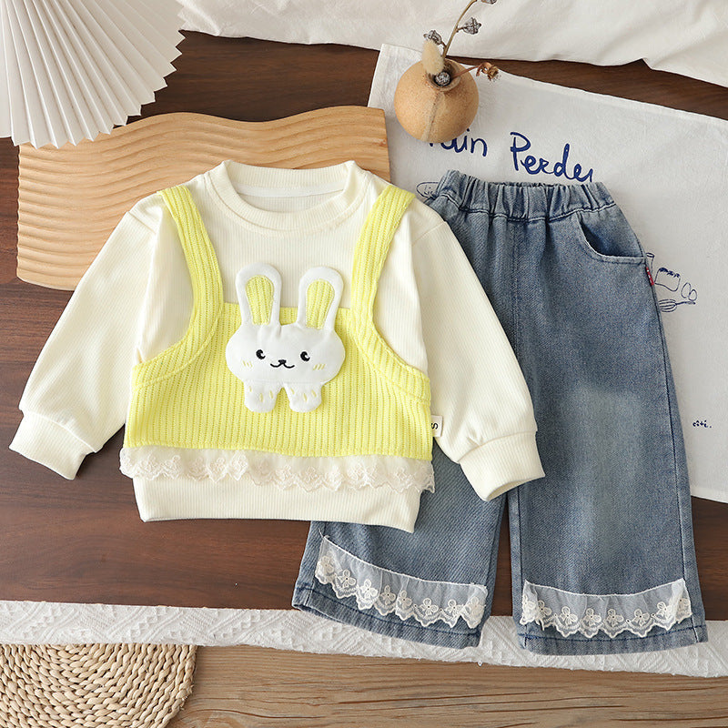 Trendy Girls' Spring and Autumn Outfit 2026 New Style Cute Baby Girl Long-Sleeve Sweatshirt Toddler Two-Piece Set