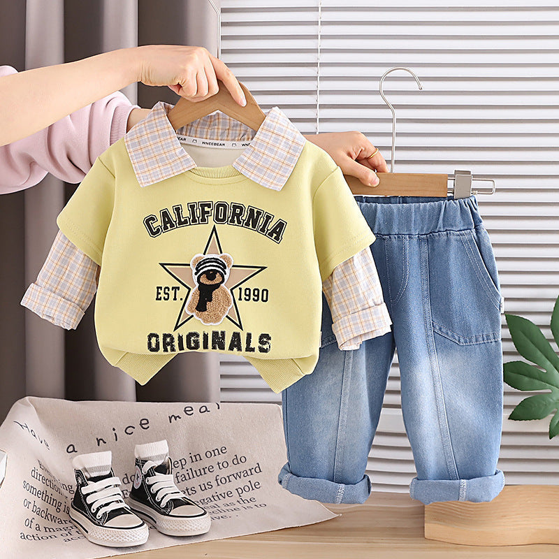 Free shipping for 1-4 year old babies: Korean-style autumn outfit with plaid patchwork, cartoon bear sweatshirt, and denim pants two-piece set