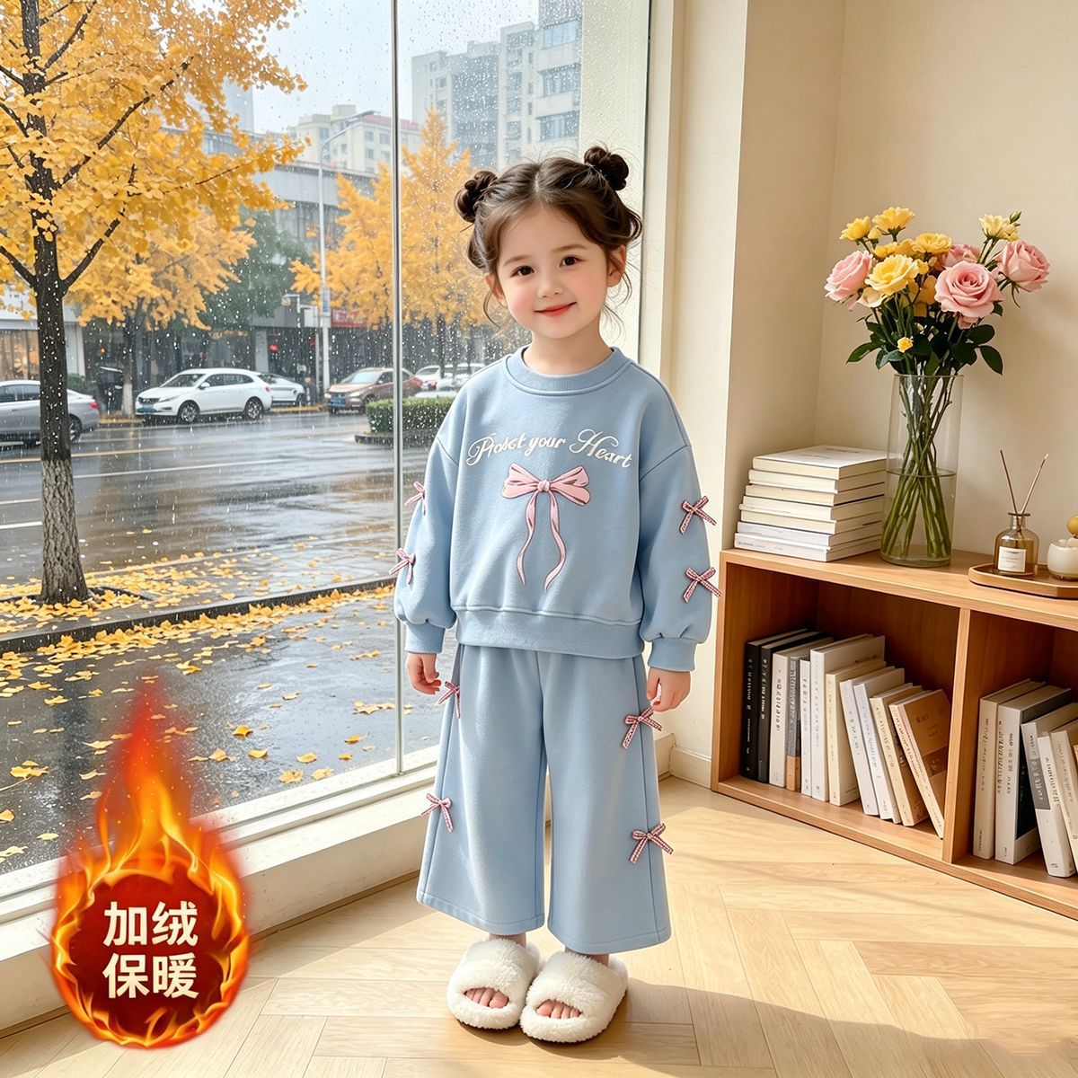 Korean-Style Ins Cat-Themed Girls' Outfit, Spring and Autumn Children's Bow Sweatshirt and Wide-Leg Pants Two-Piece Set, Export Children's Clothing