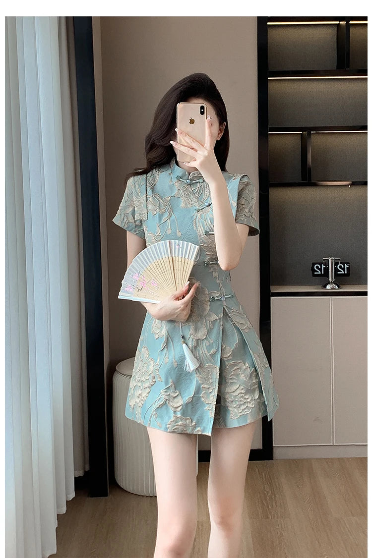 Faionable  Outfit Stand Collar Side Button Mid-Length irt orts Two-Piece Set New 2025 Versatile Nylon Material