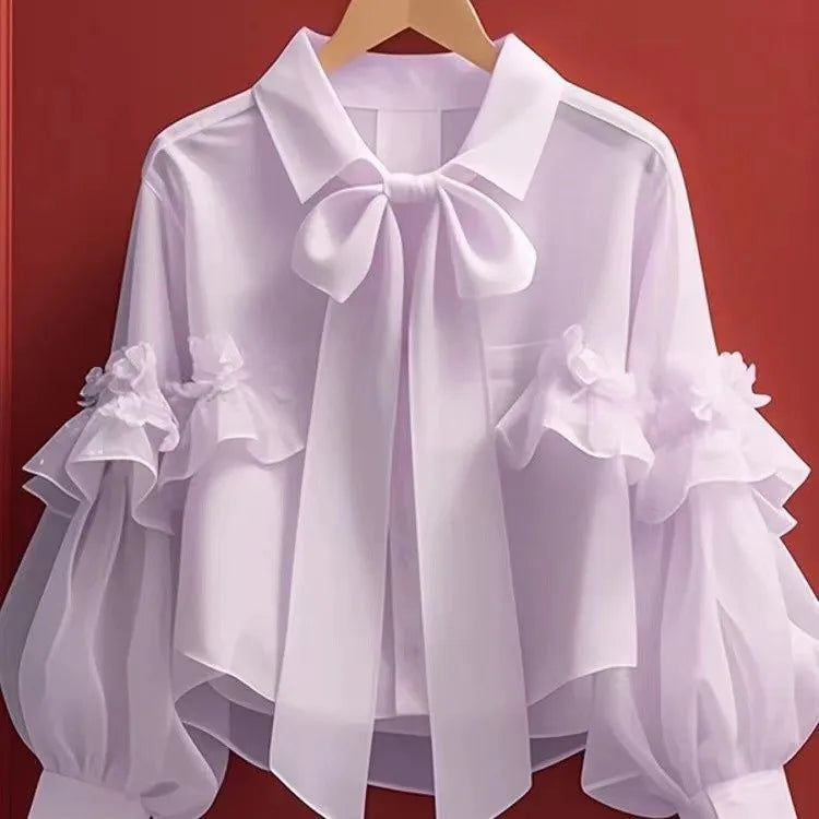 Spring Autumn New Women French Sweet Blue Bow Short Shirt Elegant Versatile Loose Cardigan Ladies Long-sleeved Blouse Tops