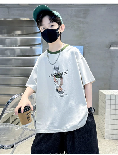 Summer Tees Tops for Teen Boy Cotton T-Shirt New Short Sleeve Fashion Cartoon Tshirts for Children Korea Kids Luxury Clothes