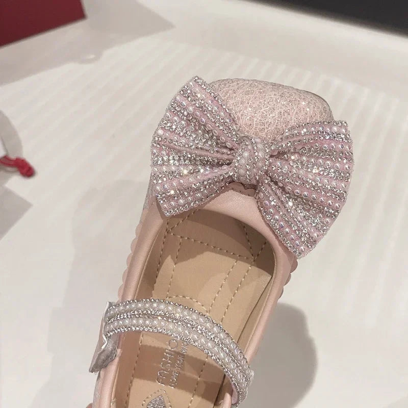 Children's Leather Shoes Bling Sequins Bowknot Princess Shoes for Girls Sweet Chic Kids Causal Wedding Shallow Versatile