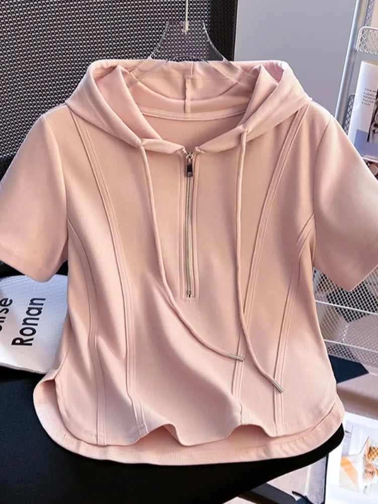 Summer New Women's Zipper Hoodie ort Sve T-irt Pure Cotton Slim Fit ort Fibone Top Korean Sle Commute Faion