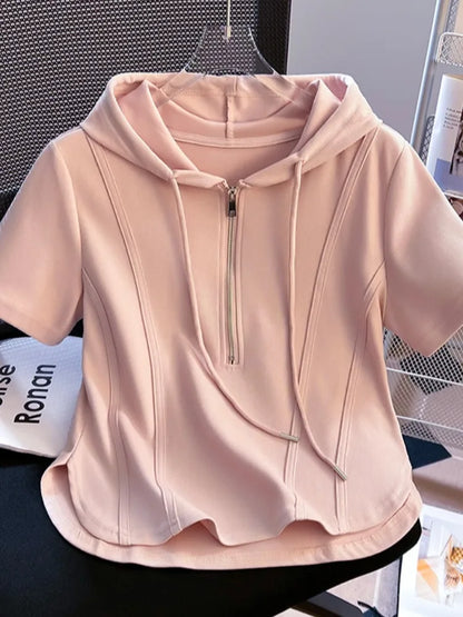 Summer New Women's Zipper Hoodie ort Sve T-irt Pure Cotton Slim Fit ort Fibone Top Korean Sle Commute Faion