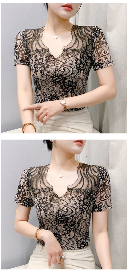 Sexy Hollow out V-Ne Rhinestone ort Sve T-irt Women Summer New Lace Me Top Trendy Anti-Aging Versatile Small irt