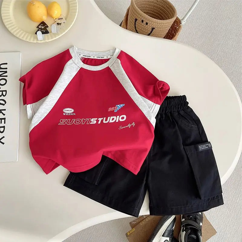 Summer Children Clothes Boys Girls Short-sleeved Striped T-shirt +Shorts 2Pcs Set Babies Fashion Round Neck Outfits Kids Suits