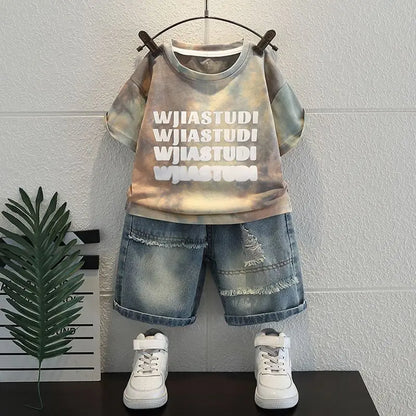 Korean Boys Summer Children's Top and Bottom 2PC Sets Short Sleeve T-Shirt & Denim Shorts Kids Clothes 1-7 Years Black Toddler