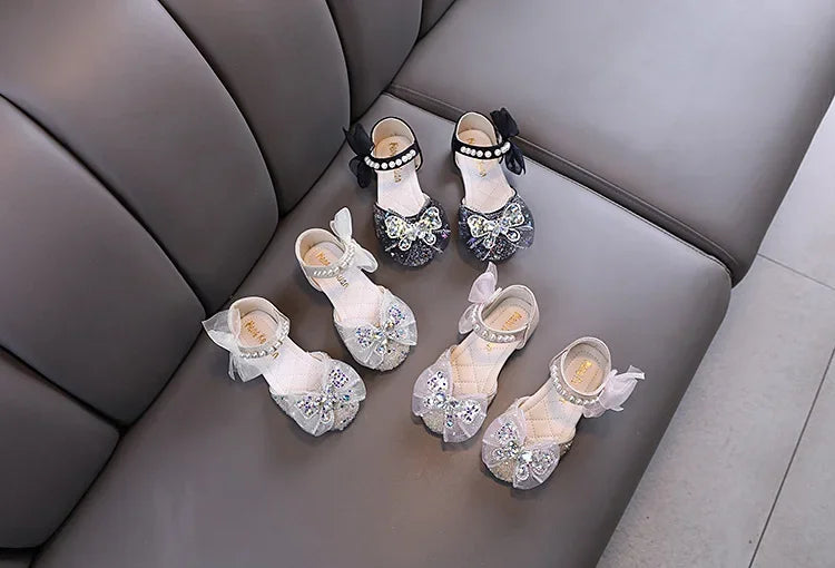 Luxury Girl Shoes Sweet Children's Causal Leather Shoes Fashion Bowtie Kids Versatile Princess Wedding Party Sandals Hook Loop