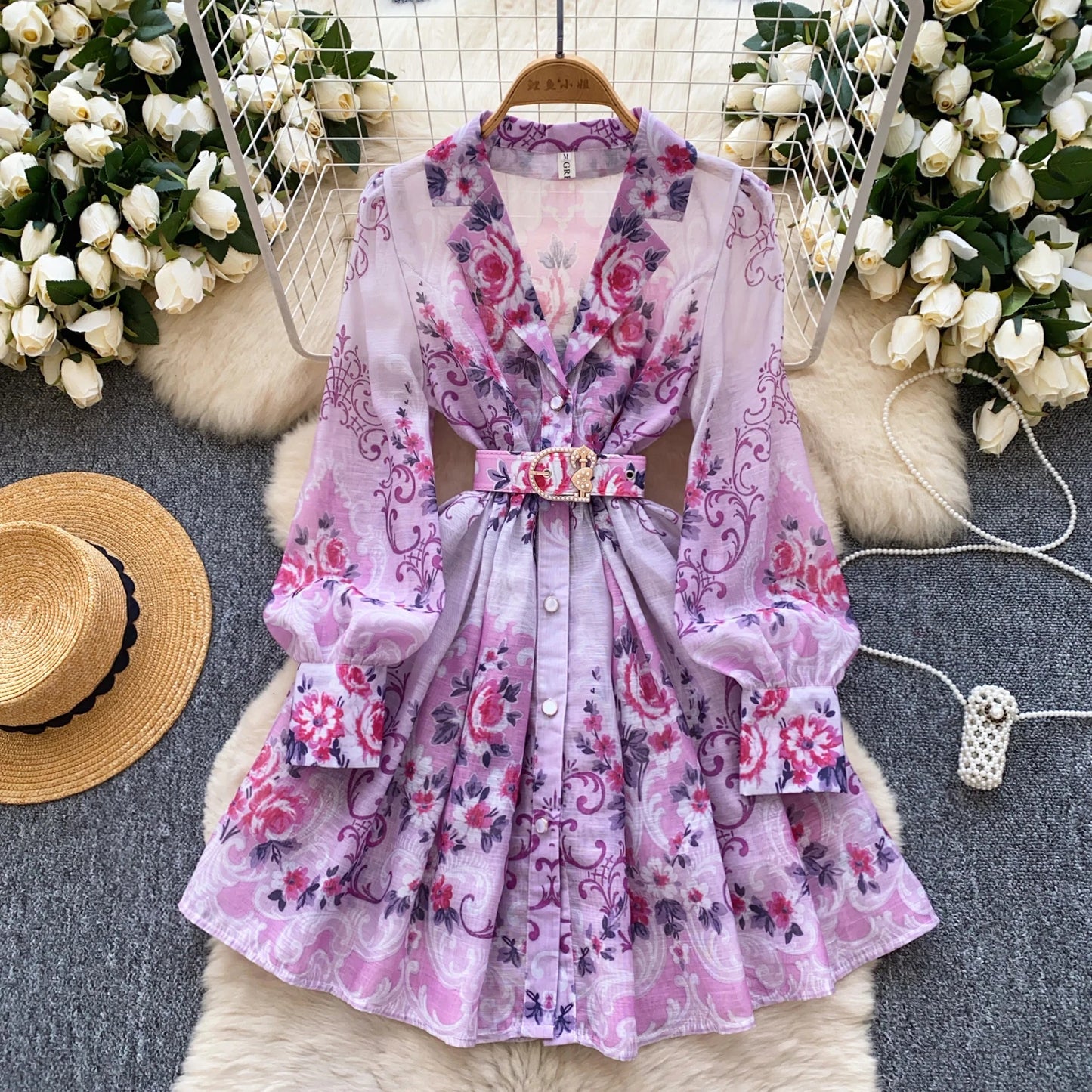 France Elegant Vintage Palace Evening Dress Women Sashes Button Print Short Party Dress Female Casual Chic Festival Clothing New