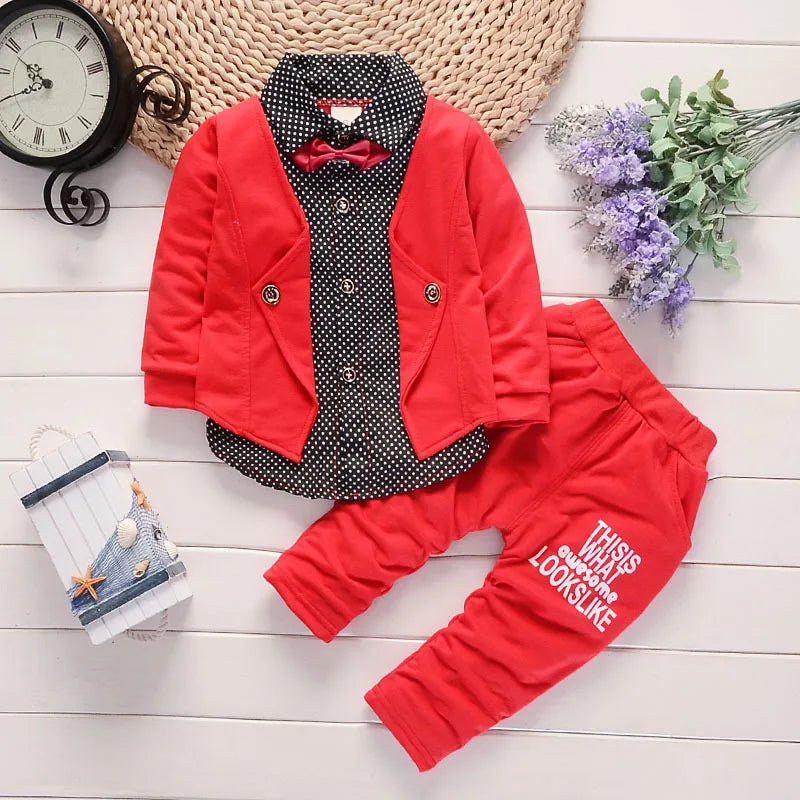 Spring and Autumn New Boys' Dot Colored Bow Knot Long Sleeve Pants Gentleman Two Piece Wedding Flower Children Polo Set for 1-5Y