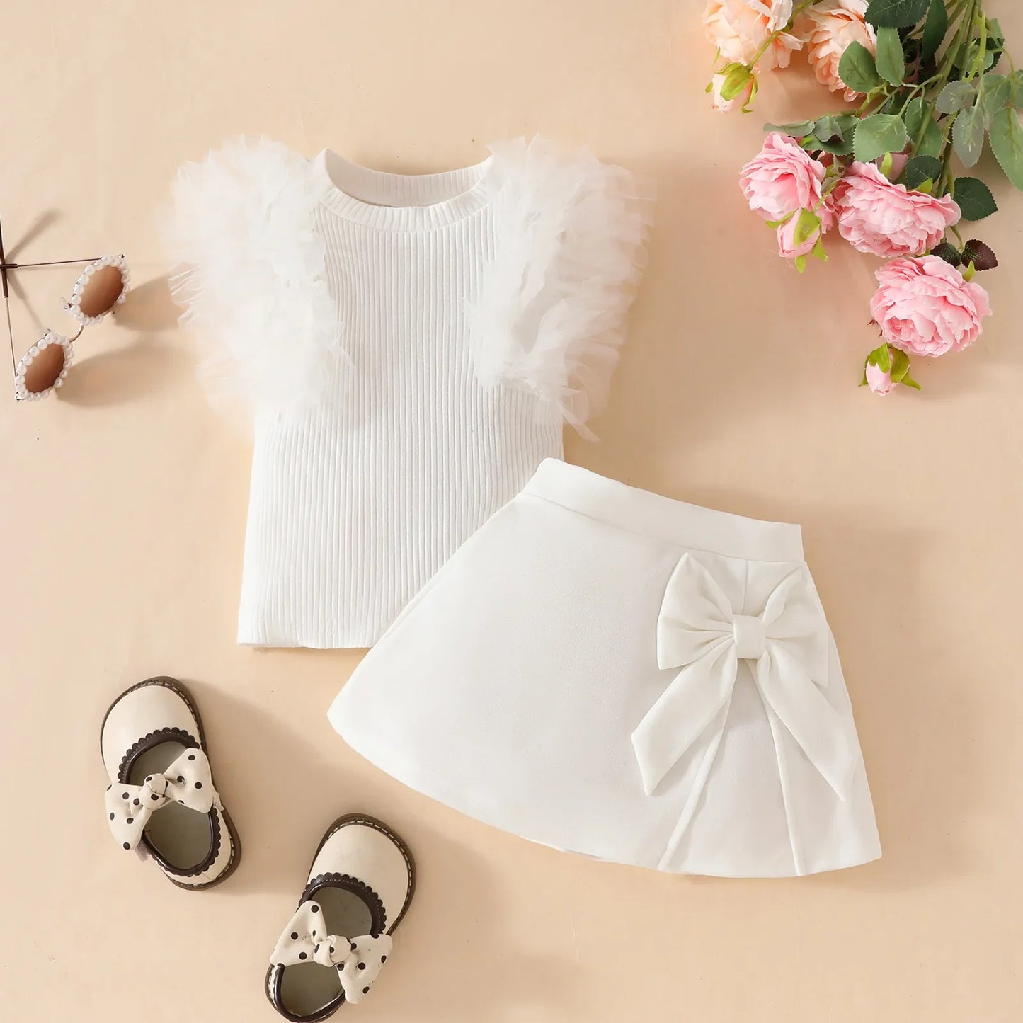 2Pcs Toddler Baby Girl Clothes Outfit Bubble Sleeve Patchwork Ruffle Top+Solid Color Flared Pants Fashion Set Fit 0-3 Years Set