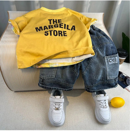 New Boys Fashion Summer Cotton Letter Printing T-shirts+Graffiti Denim Shorts 2pcs Set Kids Korean Outfits Sets Children Clothes