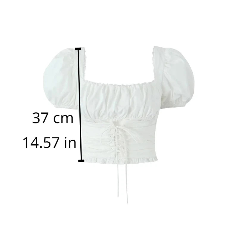 Mingmingxi Short Sleeve Cropped Top Women Fashion White Square Neck Tops Preppy Style Cotton Lace Up Blouse Women Clothing