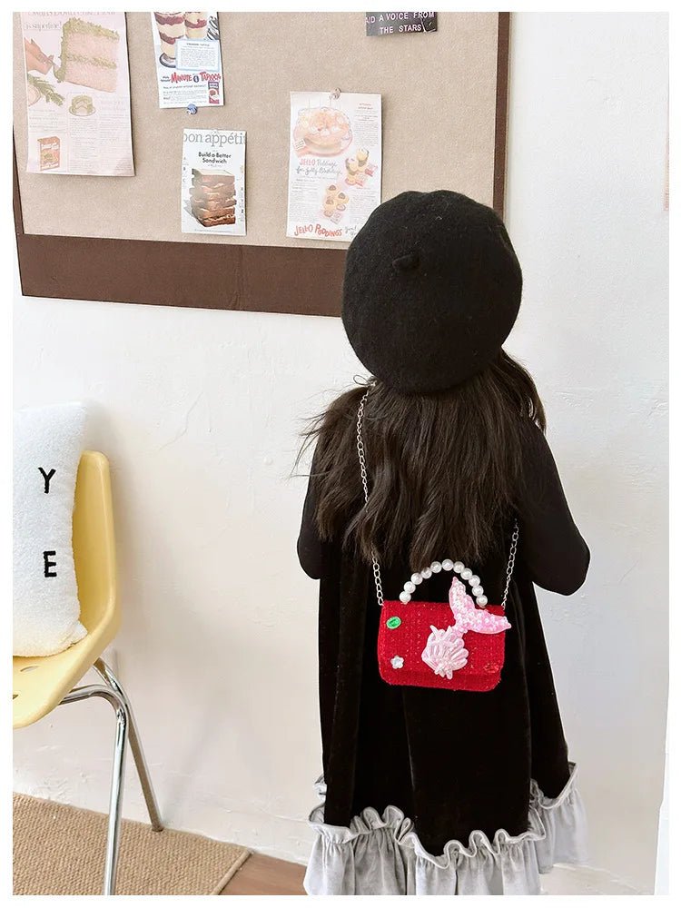 Sweet Bow Children's Small Square Shoulder Bag Sequin Lace Princess Girls Crossbody Bags Pearl Handle Coin Purse Handbags Gifts