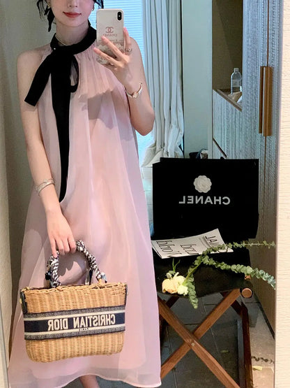 Women's Pink Halter Neck Maxi Dress With Black Bow Detail Sheer Chiffon Flowy Resort Party Dress