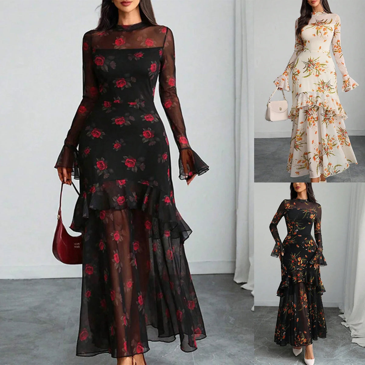 Women's Evening Gown Clothing Vintage Floral Print Maxi Dresses Spring Autumn Long Sheer Sleeve Ruffled Hem Elegant Party Dress (Available)
