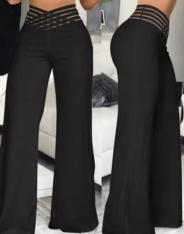 Women Wide Leg Flared Pants  Spring Casual Crisscross Sheer Mesh Patch High Waist Trousers Y2k Streetwear Elegant Work Pant (Available)