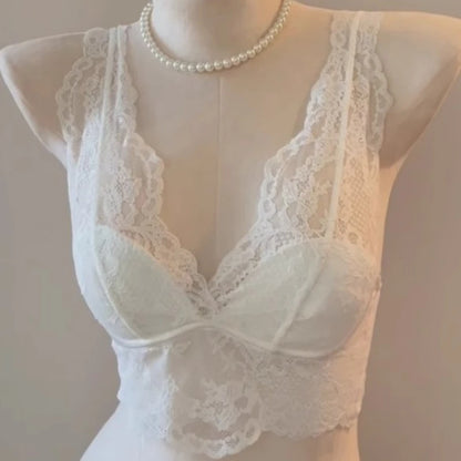 French Lace Lingerie Gathered No Steel Ring Bra Deep V Neck Sexy Wire Free Bras Underwear Tank Tops Padded Camisole Vest