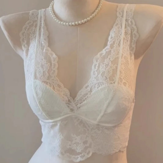 French Lace Lingerie Gathered No Steel Ring Bra Deep V Neck Sexy Wire Free Bras Underwear Tank Tops Padded Camisole Vest